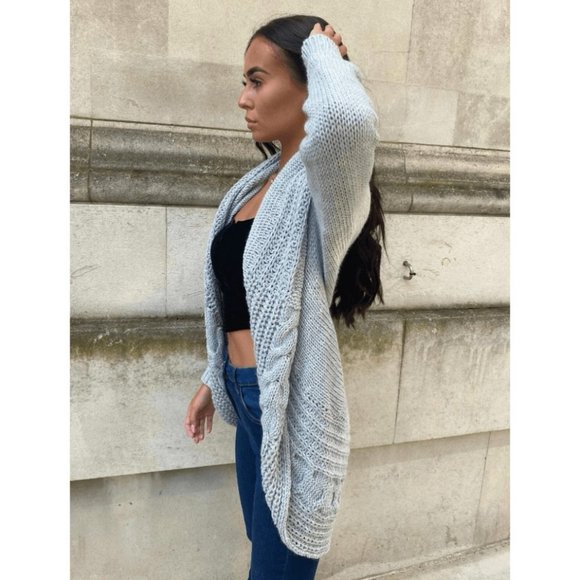 Grey Chunky Cable Knit Long Sleeve Shawl Collar Open Front Midi Cardigan - Picture 10 of 11
